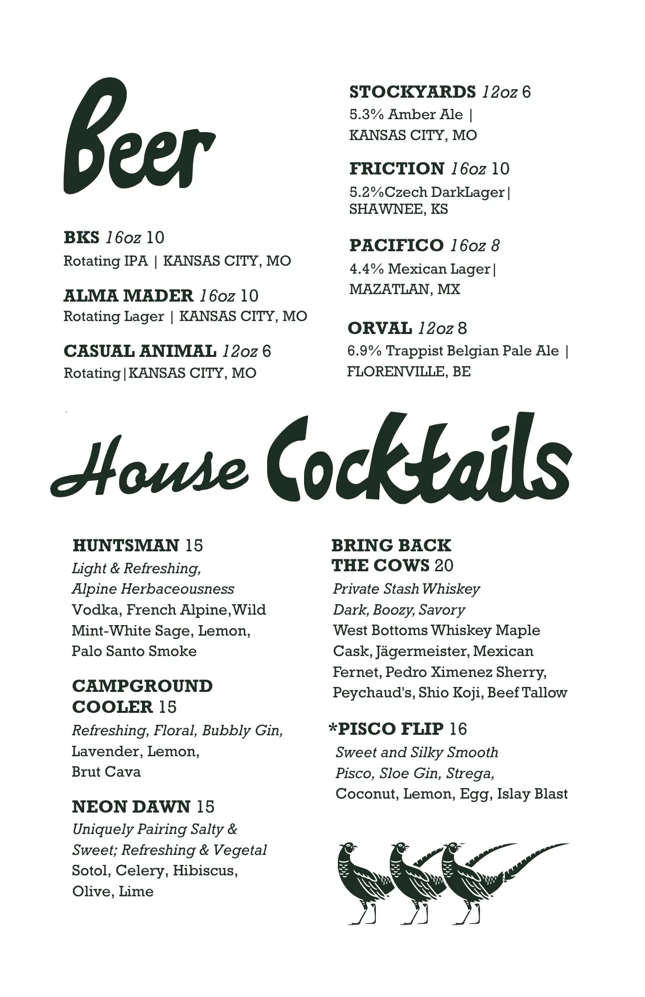 The Campground menu page 3 — main course options showcasing chef's seasonal offerings