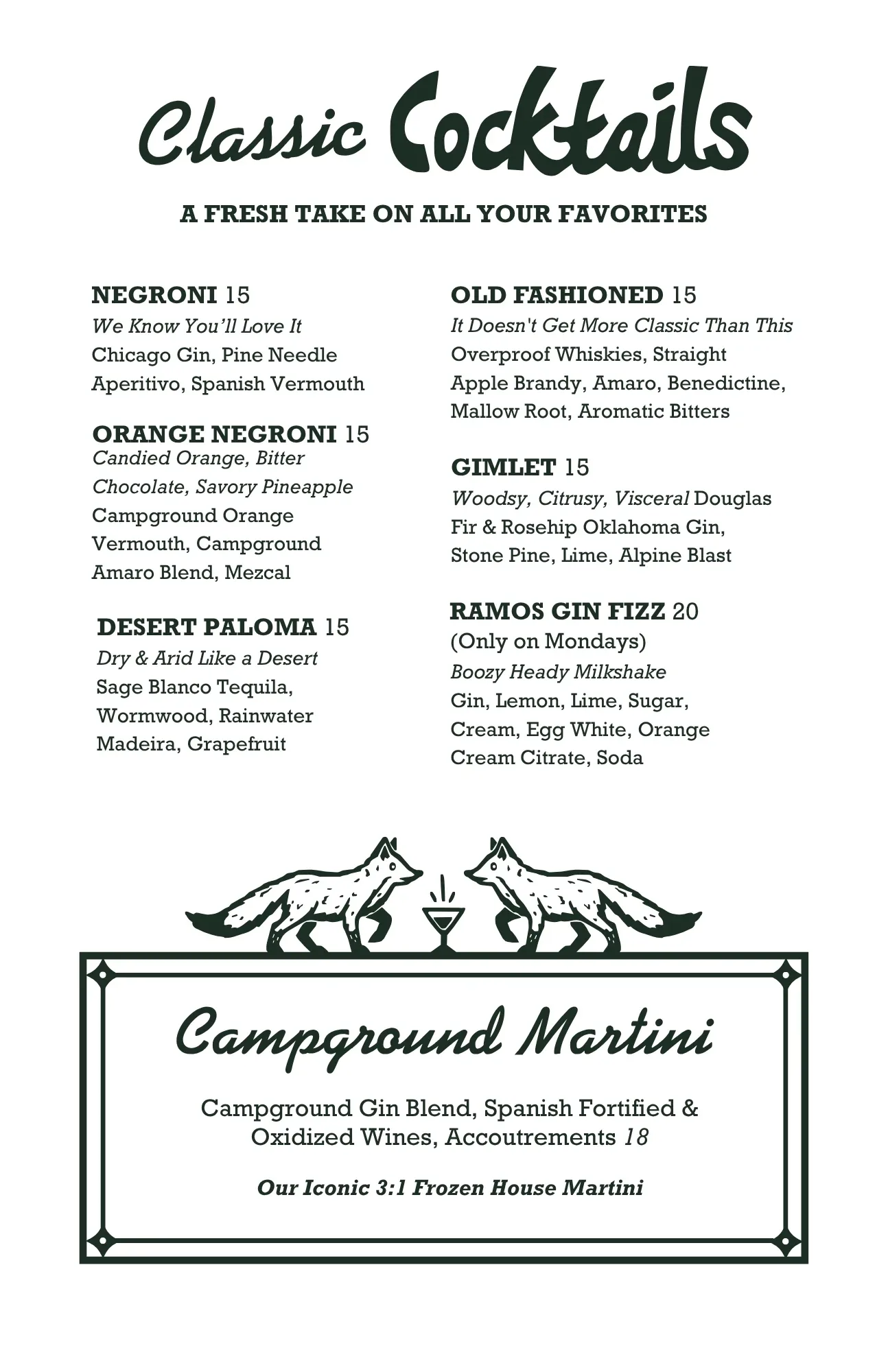 The Campground menu page 4 — continuation of main courses and side dishes