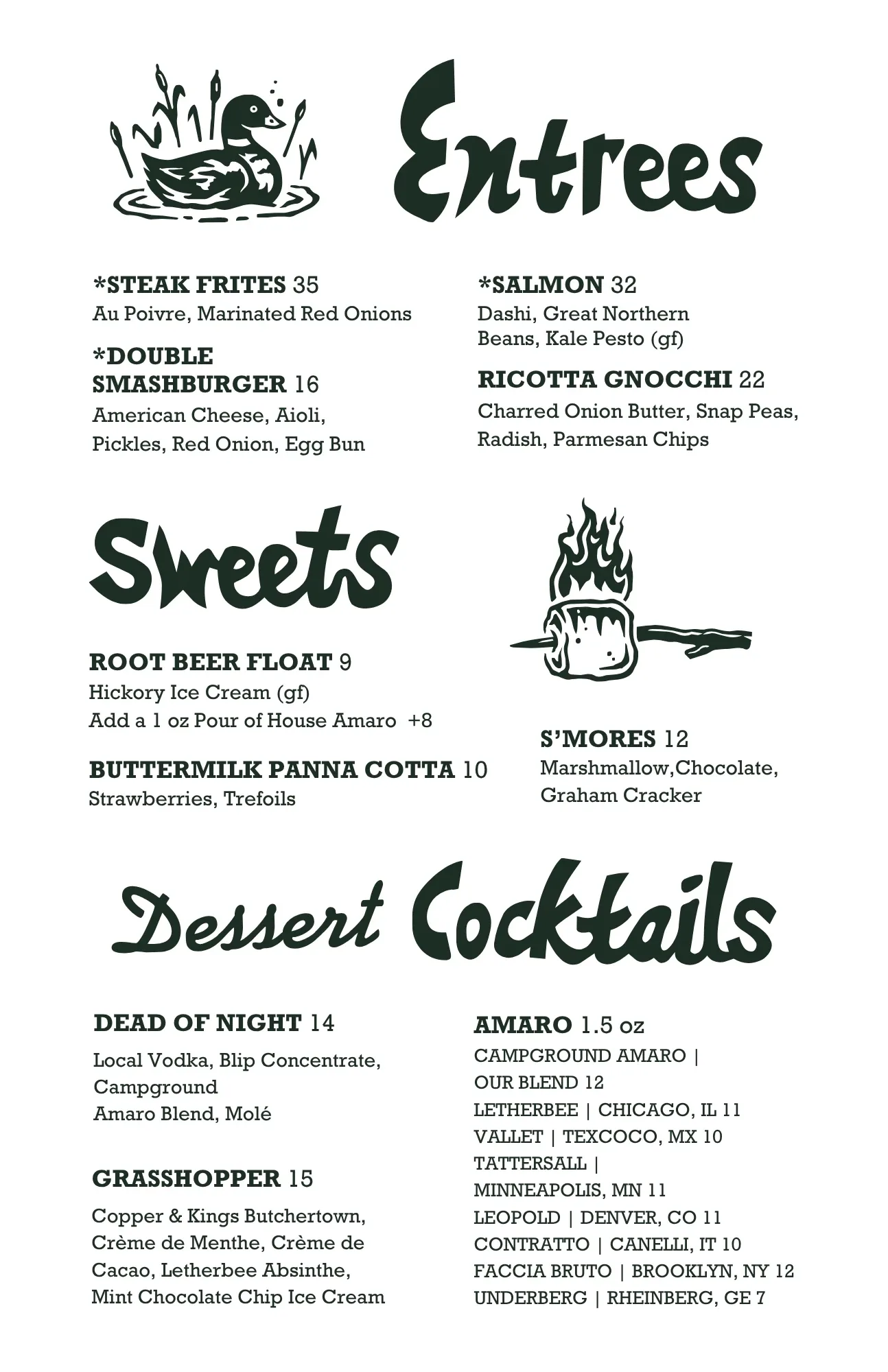 The Campground menu page 6 — beverage selection and drink pairings