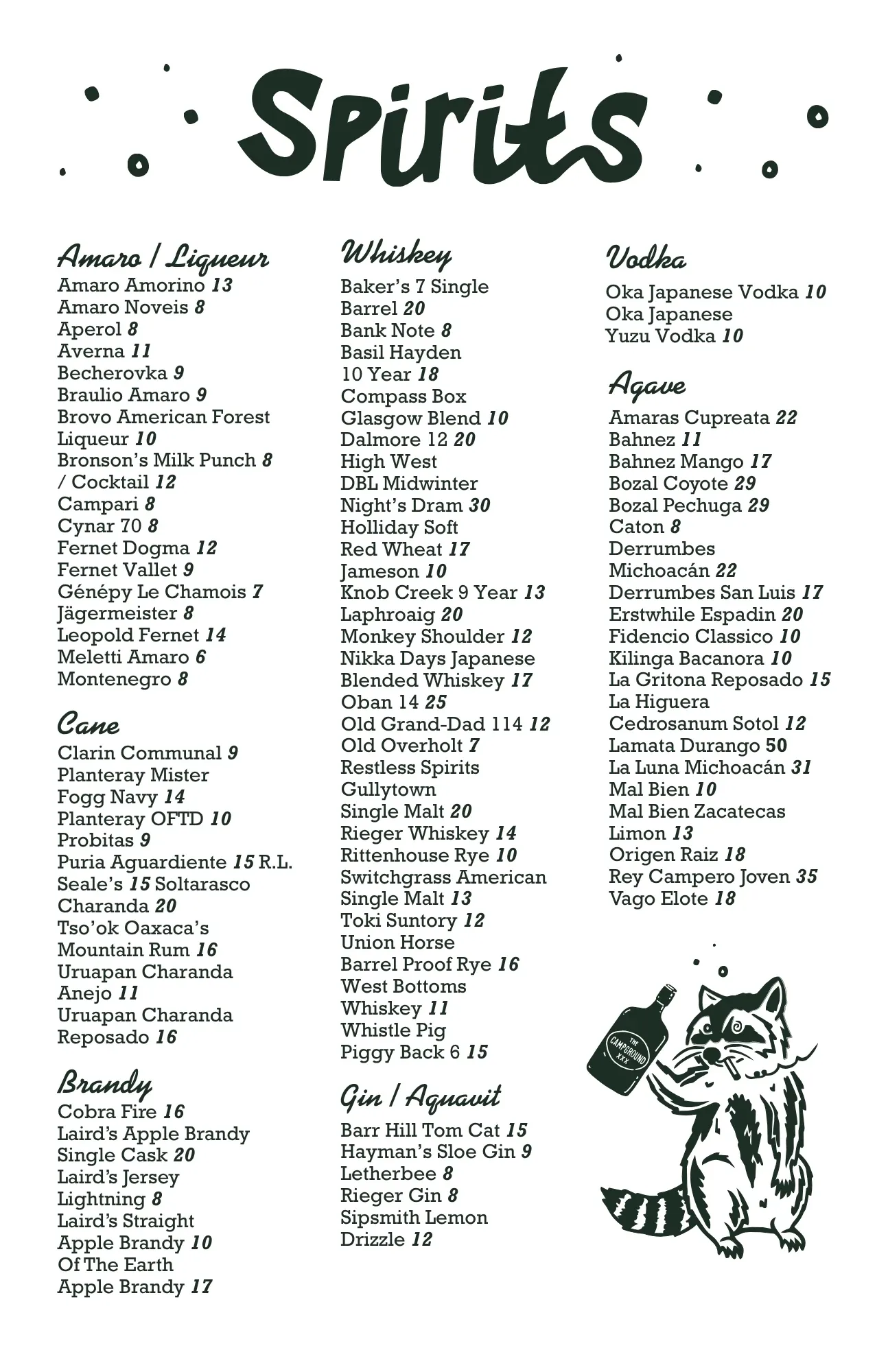 The Campground menu page 7 — additional beverage options and cocktail menu