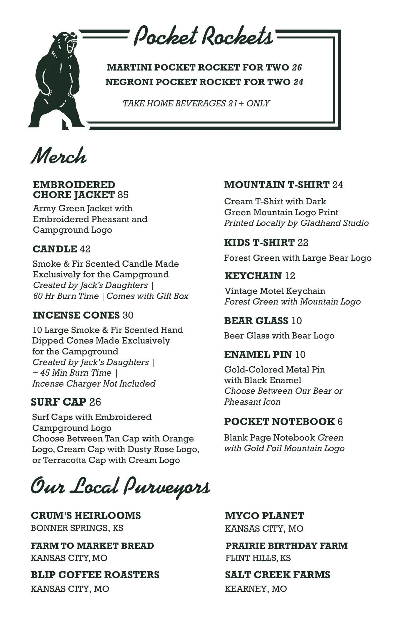 The Campground menu page 8 — wine list and spirits selection
