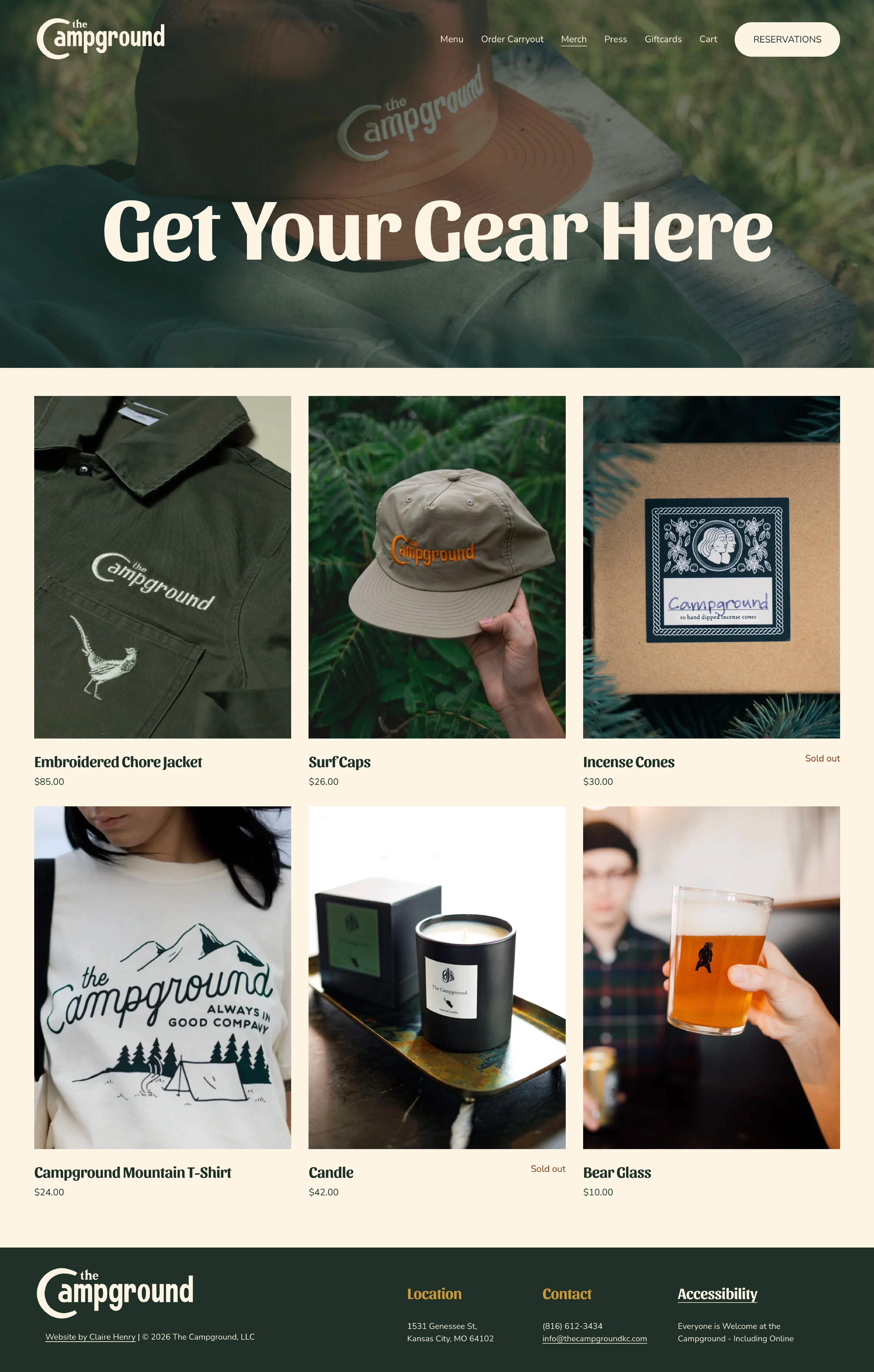 The Campground website merchandise page design featuring cohesive brand identity and accessible layout for shopping experience