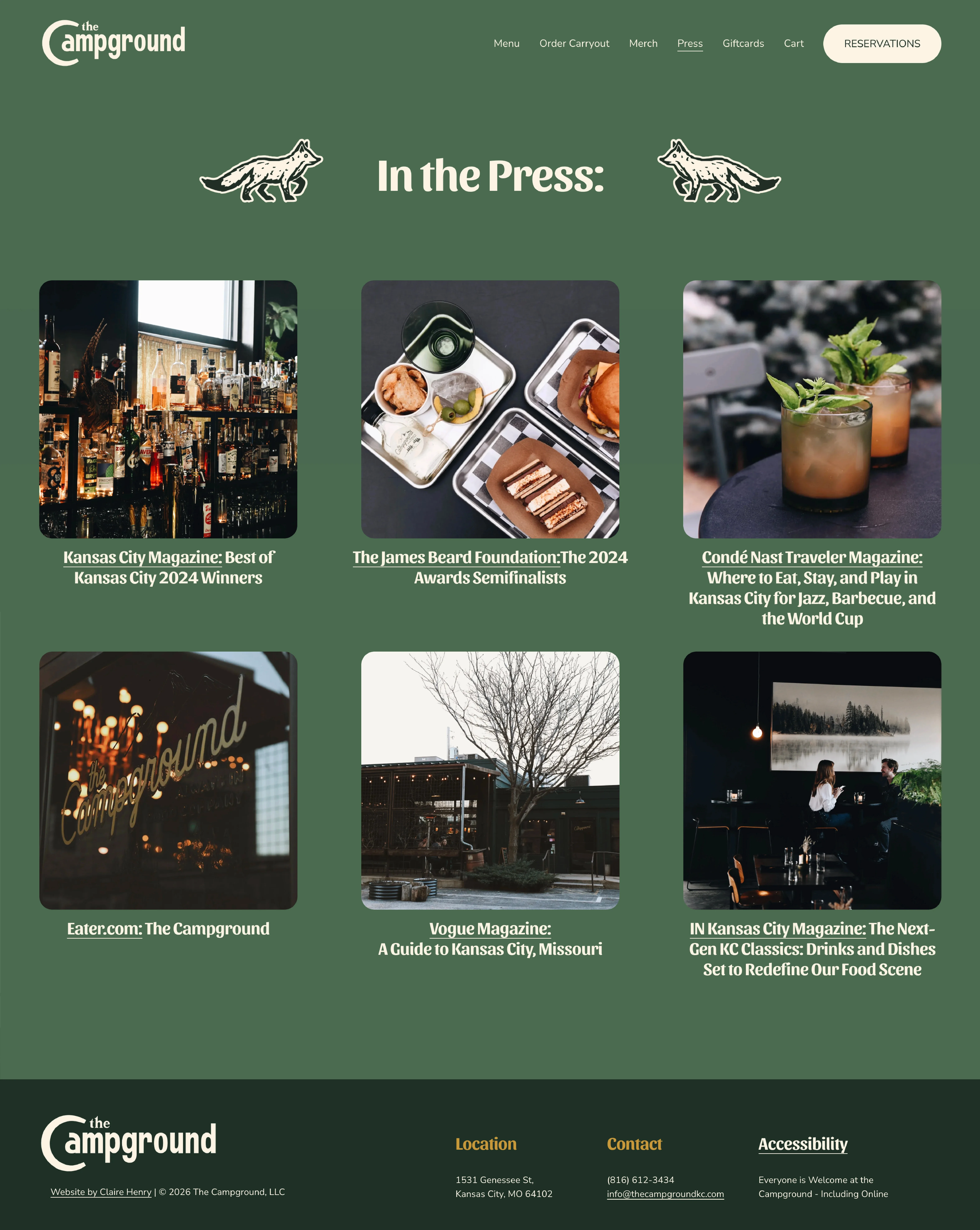 The Campground website press page design showcasing brand extensions, media features, and integrated illustration suite
