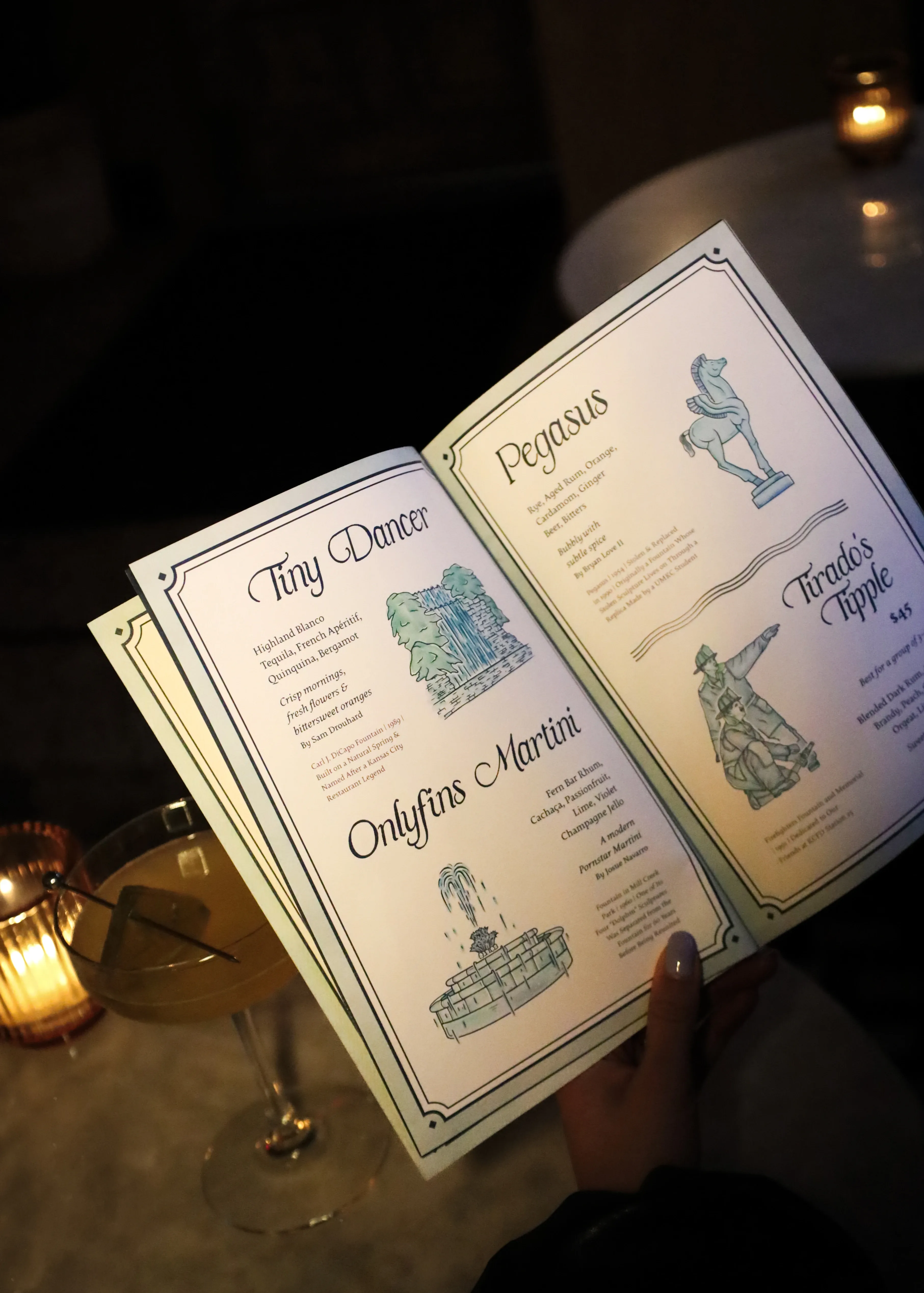 City of Fountains menu open showing interior spread
