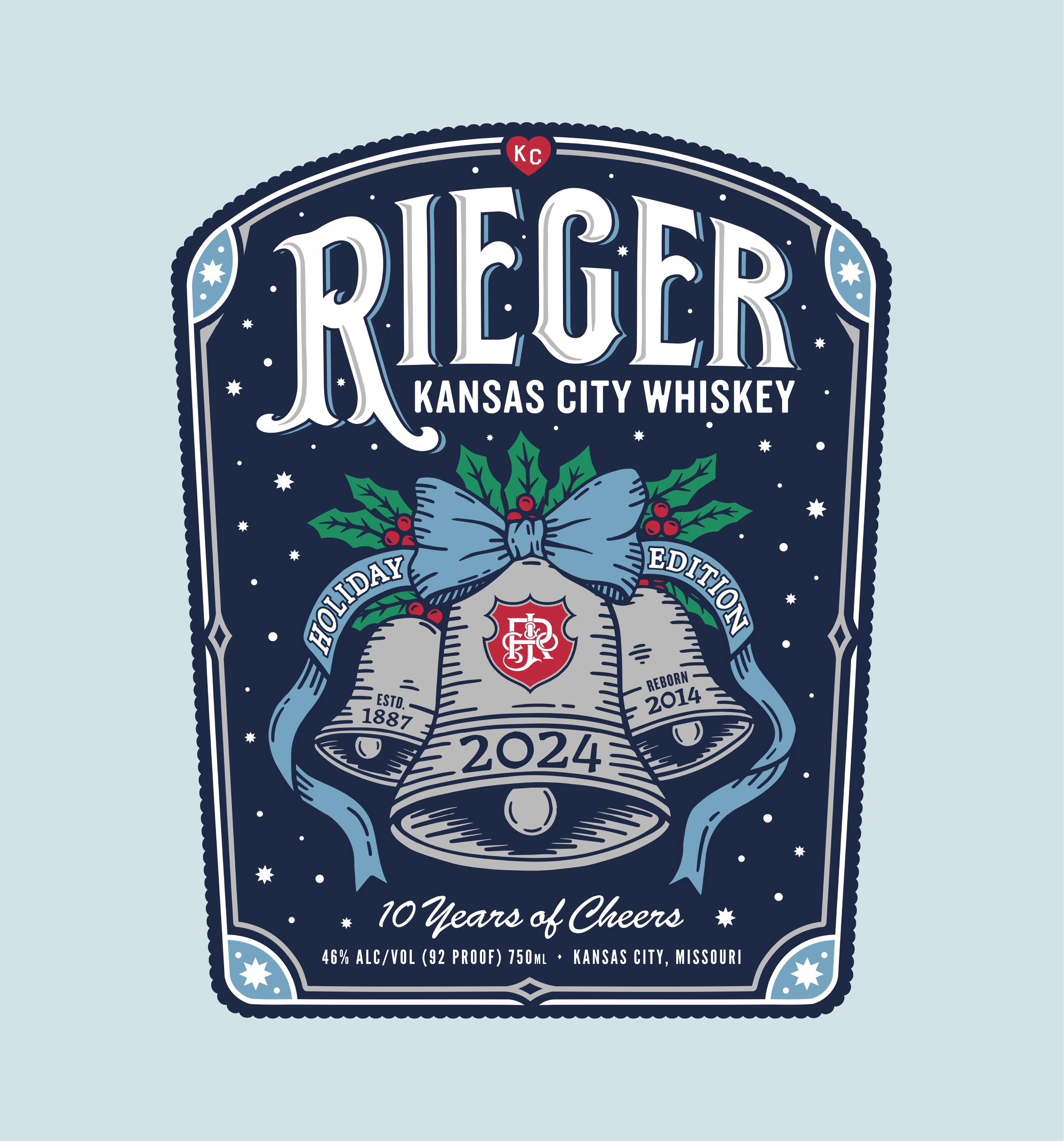Close-up detail of hand-drawn bell illustration on Rieger 2024 label, showcasing silver foil stamping, fine line work, and ornamental typography