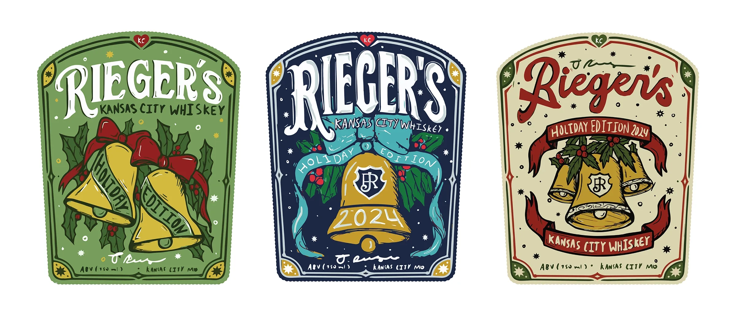 Early concept sketches and design explorations for J. Rieger 2024 holiday bell illustration, showing hand-drawn iterations and refinement process from initial concepts to final direction