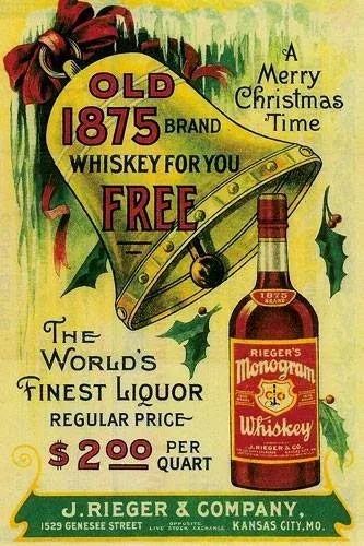 Original vintage J. Rieger Monogram Whiskey advertisement poster from pre-Prohibition era, circa 1900s, featuring ornate holiday bells, holly leaf decorations, Victorian-style typography, and pricing of $2.00 per quart from Genesee Street location